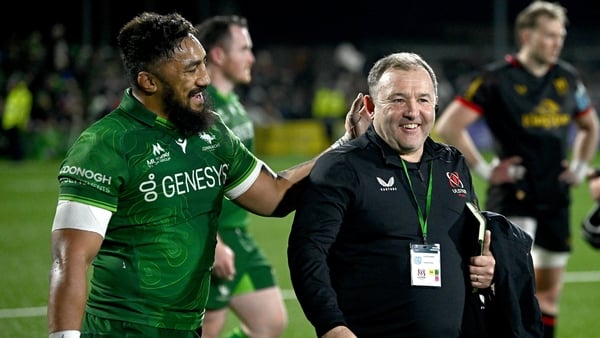 28 December 2024; Bundee Aki of Connacht and Ulster head coach Richie Murphy after the United Rugby Championship match between Connacht and Ulster at the Dexcom Stadium in Galway. Photo by Seb Daly/Sportsfile