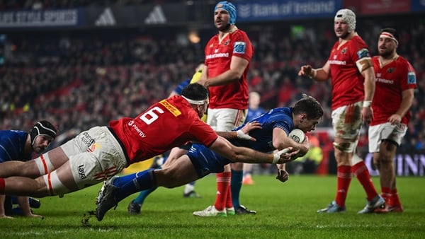 27 December 2024; Luke McGrath of Leinster scores his side's first try during the United Rugby Championship match between Munster and Leinster at Thomond Park in Limerick. Photo by Seb Daly/Sportsfile
