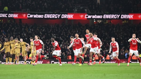 Arsenal players celebrate winning the penalty shoot out after the Carabao Cup Quarter Final match between Arsenal and Crystal Palace at Emirates Stadium on December 23, 2025 in London, England. (Photo by Stuart MacFarlane/Arsenal FC via Getty Images)