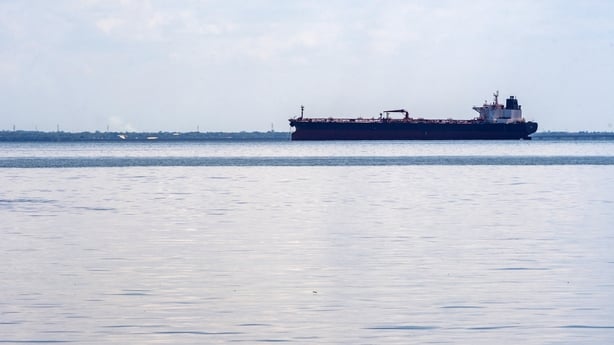 A crude oil tanker anchored on a lake 