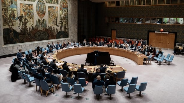  A large room hosting a United Nations Security Council meeting 
