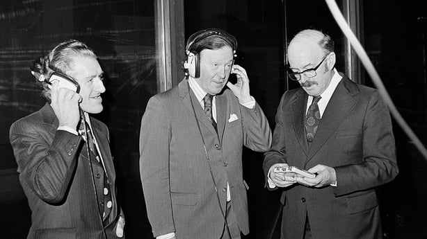 Director-General of RTÉ Oliver Maloney, Minister for Posts and Telegraphs Conor Cruise O'Brien and Chairman of the RTÉ Authority Dónall Ó Móráin.