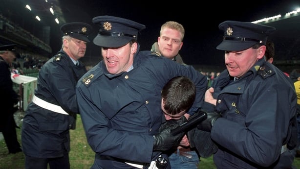 15 Feburary 1995; An England supporter is restrained by Gardai after rioting in the West Stand forced the abandonment of the international friendly match between Republic of Ireland and England at Lansdowne Road in Dublin. Photo by David Maher/Sportsfile