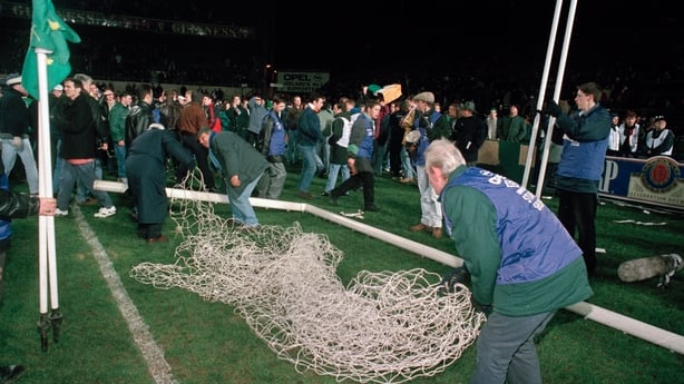 15 February 1995; Stewards remove the goalposts after rioting in the Upper West Stand caused the game to be abandoned. International Friendly, Republic of Ireland v England, Lansdowne Road, Dublin. Picture credit; David Maher / SPORTSFILE