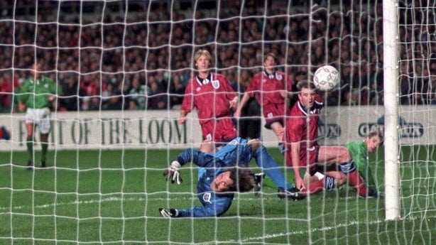 15 February 1995; David Kelly of Republic of Ireland scores the only goal of the game during the International Friendly match between Republic of Ireland and England at Lansdowne Road in Dublin. The game was abandoned due to rioting in the Upper West Stand. Photo by David Maher/Sportsfile