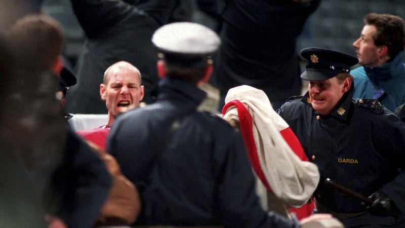 15 Feburary 1995; An England supporter is restrained by Gardai after rioting in the West Stand forced the abandonment of the international friendly match between Republic of Ireland and England at Lansdowne Road in Dublin. Photo by David Maher/Sportsfile