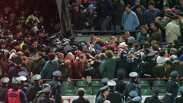 15 Feburary 1995; Rioting England supporters in the West Stand which forced the abandonment of the international friendly match between Republic of Ireland and England at Lansdowne Road in Dublin. Photo by Ray McManus/Sportsfile