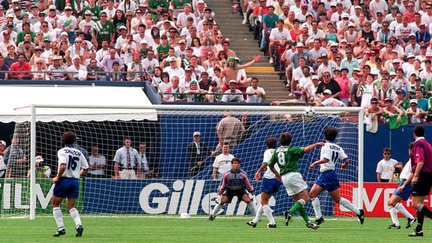18 June 1994; Ray Houghton of Republic of Ireland shoots to score his side's first goal during the FIFA World Cup 1994 Group E match between Republic of Ireland and Italy at Giants Stadium in New Jersey, USA. Photo by David Maher/Sportsfile