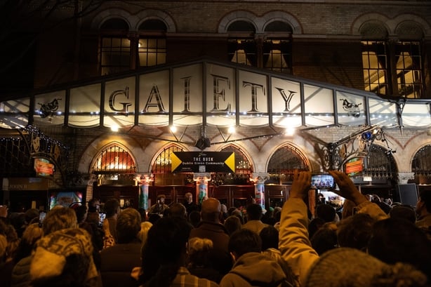 Crowds outside the Gaiety Theatre