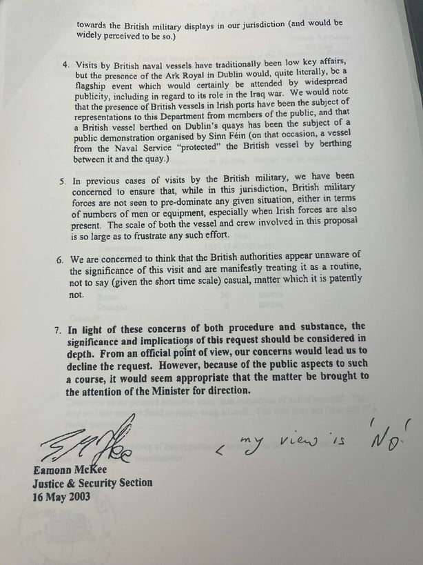 A letter released from the National Archive on the visit of a British navy vessel in 2003