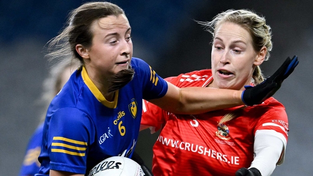 Sarah O'Neill of St Ergnat's (L) in action against Sarah Gormally of Kilkerrin-Clonberne - 2025 All-Ireland senior club final