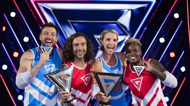 (L-R) Sam Thompson, Joe Wicks, Vogue Williams, and Nicola Adams on Gladiators: Celebrity Special Photo: BBC/Hungry Bear Media Ltd/Graeme Hunter