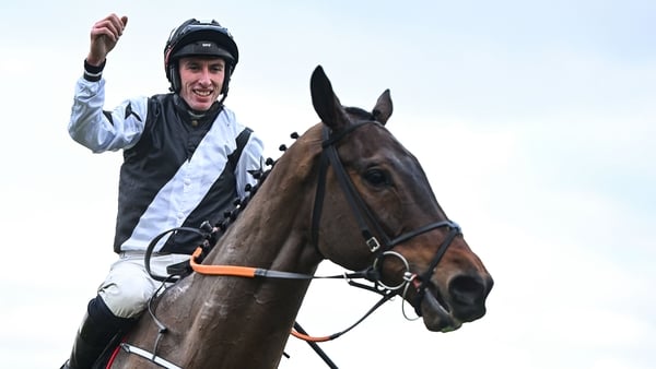 Jockey Jack Kennedy celebrates on Romeo Coolio after winning the Racing Post Novice Chase at Leopardstown - December 2025