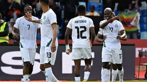 Knowledge Musona (R) after scoring for Zimbabwe against Angola in Africa Cup of Nations - December 2025