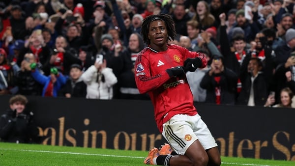 Manchester United's Danish defender #13 Patrick Dorgu celebrates after scoring the opening goal of the English Premier League football match between Manchester United and Newcastle United at Old Trafford in Manchester, north west England, on December 26,