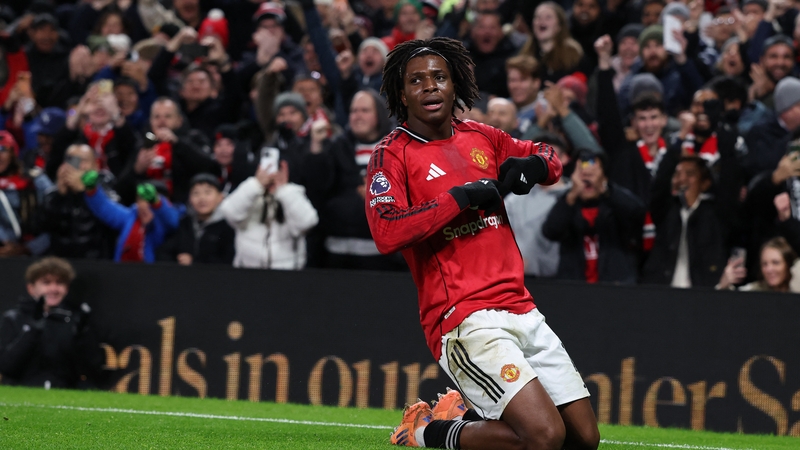 Manchester United's Danish defender #13 Patrick Dorgu celebrates after scoring the opening goal of the English Premier League football match between Manchester United and Newcastle United at Old Trafford in Manchester, north west England, on December 26,