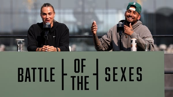 Aryna Sabalenka speaks during a press conference with Nick Kyrgios of Australia prior to the Battle of the Sexes match between Nick Kyrgios of Australia and Aryna Sabalenka at Atlantis The Royal on December 27, 2025 in Dubai, United Arab Emirates.