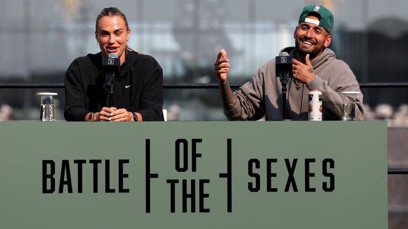 Aryna Sabalenka speaks during a press conference with Nick Kyrgios of Australia prior to the Battle of the Sexes match between Nick Kyrgios of Australia and Aryna Sabalenka at Atlantis The Royal on December 27, 2025 in Dubai, United Arab Emirates.