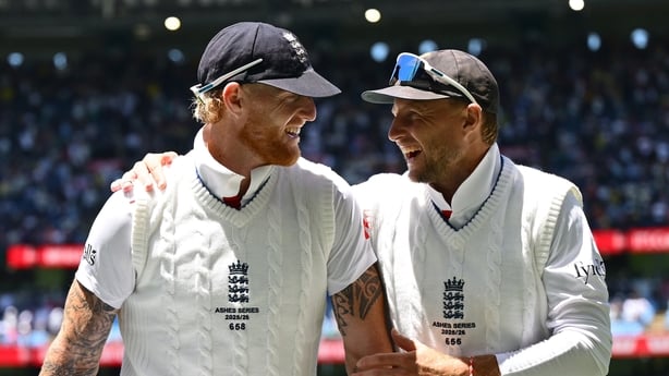 MELBOURNE, AUSTRALIA - DECEMBER 27: Ben Stokes of England and Joe Root of England share a laughduring day two of the Fourth Test in the 2025/26 Ashes Series between Australia and England at Melbourne Cricket Ground on December 27, 2025 in Melbourne, Australia. (Photo by Quinn Rooney/Getty Images)