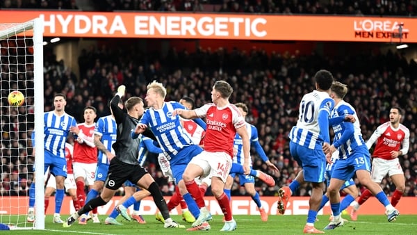 Georginio Rutter of Brighton & Hove Albion scores an own goal, for Arsenal's second goal of the Premier League match between Arsenal and Brighton & Hove Albion at the Emirates Stadium on December 27, 2025 in London, England. (Photo by Stuart MacFarlane/Ar