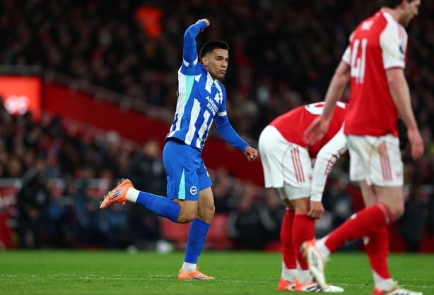LONDON, ENGLAND - DECEMBER 27: Diego Gomez of Brighton & Hove Albion celebrates scoring his team's first goal during the Premier League match between Arsenal and Brighton & Hove Albion at the Emirates Stadium on December 27, 2025 in London, England. (Photo by Mark Thompson/Getty Images)