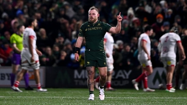 27 December 2025; Finlay Bealham of Connacht celebrates his side's first try, scored by Finn Treacy, not pictured during the United Rugby Championship match between Connacht and Ulster at Dexcom Stadium in Galway. Photo by Ben McShane/Sportsfile