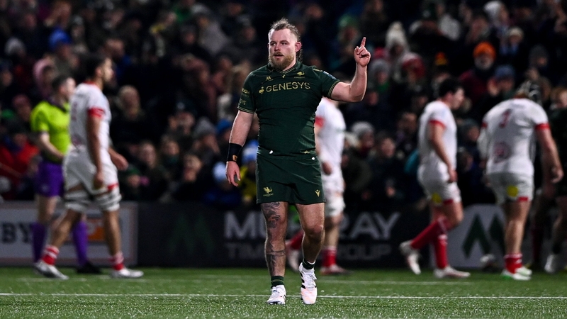27 December 2025; Finlay Bealham of Connacht celebrates his side's first try, scored by Finn Treacy, not pictured during the United Rugby Championship match between Connacht and Ulster at Dexcom Stadium in Galway. Photo by Ben McShane/Sportsfile