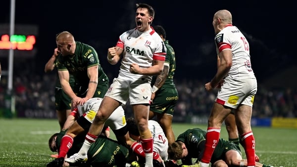 27 December 2025; James Hume of Ulster celebrates after winning a penalty the United Rugby Championship match between Connacht and Ulster at Dexcom Stadium in Galway. Photo by Ben McShane/Sportsfile