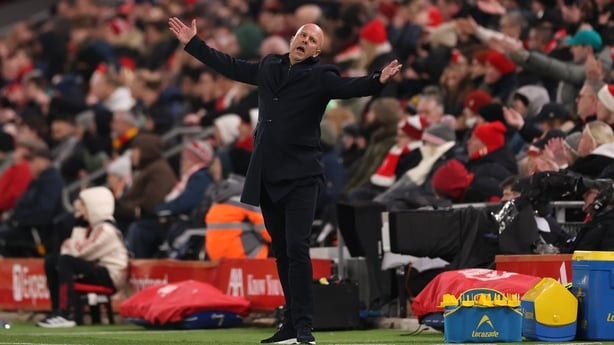 LIVERPOOL, ENGLAND - DECEMBER 27: Arne Slot, Manager of Liverpool, reacts during the Premier League match between Liverpool and Wolverhampton Wanderers at Anfield on December 27, 2025 in Liverpool, England. (Photo by Carl Recine/Getty Images)