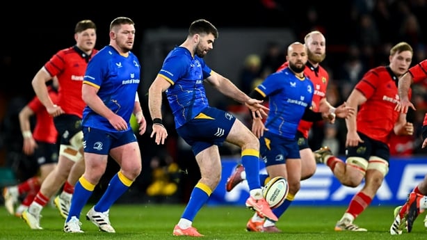27 December 2025; Harry Byrne of Leinster kicks clear during the United Rugby Championship match between Munster and Leinster at Thomond Park in Limerick. Photo by Piaras Ó Mídheach/Sportsfile