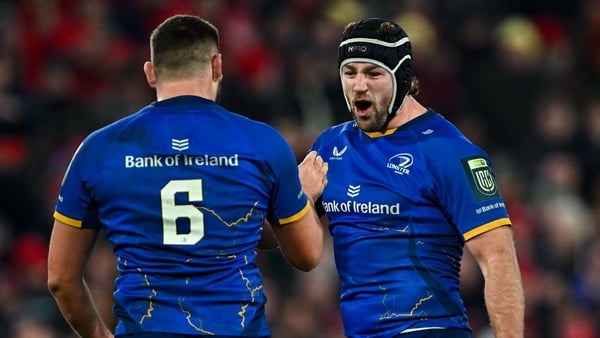 27 December 2025; Caelan Doris, right, and Max Deegan of Leinster after the United Rugby Championship match between Munster and Leinster at Thomond Park in Limerick. Photo by Piaras Ó Mídheach/Sportsfile