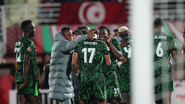 Calvin Chinedu Bassy of Nigeria and Alexander Chuka Iwobi of Nigeria celebrate during the AFCON Group C match between Tunisia and Nigeria at Fes stadium, Fes, Morocco on December 27, 2025. (Photo by Ulrik Pedersen/NurPhoto via Getty Images)