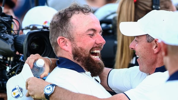 28 September 2025; Shane Lowry, left, and Rory McIlroy of Europe after the singles matches on day three of the 2025 Ryder Cup at Black Course at Bethpage State Park Golf Course in Farmingdale, New York, USA. Photo by Vaughn Ridley/Sportsfile