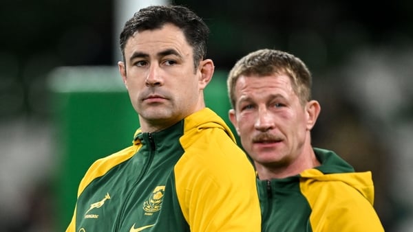 22 November 2025; South Africa assistant coaches Felix Jones, left, and Jerry Flannery before the Quilter Nations Series 2025 match between Ireland and South Africa at the Aviva Stadium in Dublin. Photo by Ramsey Cardy/Sportsfile