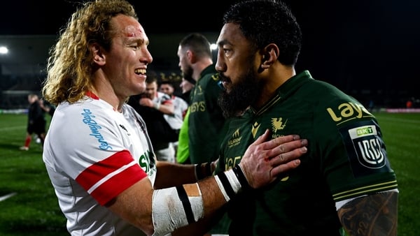 27 December 2025; Werner Kok of Ulster and Bundee Aki of Connacht after the United Rugby Championship match between Connacht and Ulster at Dexcom Stadium in Galway. Photo by Ben McShane/Sportsfile