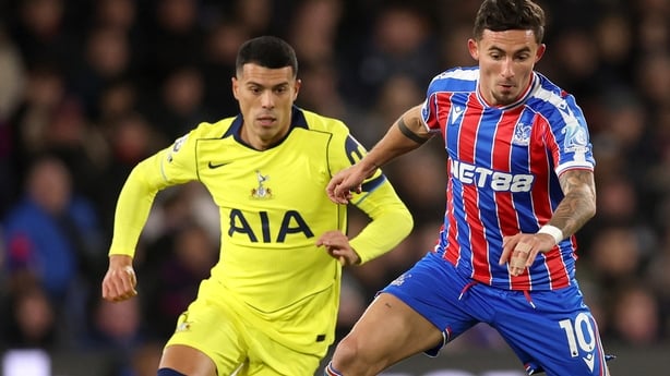LONDON, ENGLAND - DECEMBER 28: Yeremy Pino of Crystal Palace runs with the ball whilst under pressure from Pedro Porro of Tottenham Hotspur the Premier League match between Crystal Palace and Tottenham Hotspur at Selhurst Park on December 28, 2025 in London, England. (Photo by Julian Finney/Getty Im