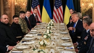 U.S. President Donald Trump speaks during the meeting with Ukrainian President Volodymyr Zelensky at his Mar-a-Lago club on December 28, 2025 in Palm Beach, Florida. Trump invited Zelensky to his private club to work on the U.S.-proposed peace plan to end