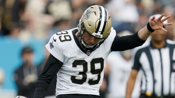 NASHVILLE, TENNESSEE - DECEMBER 28: Charlie Smyth #39 of the New Orleans Saints kicks a field goal during the first half of the game against the Tennessee Titans at Nissan Stadium on December 28, 2025 in Nashville, Tennessee. (Photo by Wesley Hitt/Getty Images)