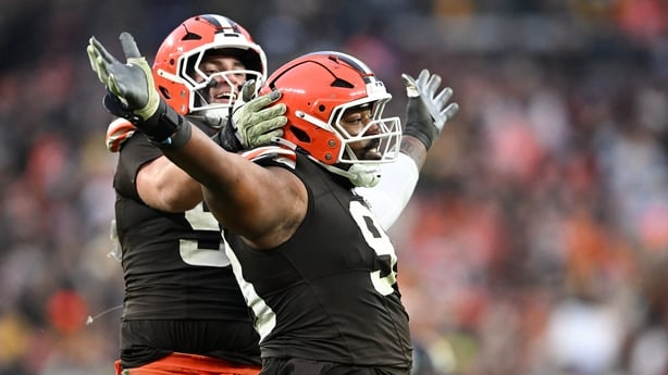 CLEVELAND, OHIO - DECEMBER 28: Mason Graham #94 and Shelby Harris #93 of the Cleveland Browns celebrates after a play against the Pittsburgh Steelers during the fourth quarter at Huntington Bank Field on December 28, 2025 in Cleveland, Ohio. (Photo by Nick Cammett/Getty Images)