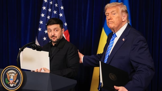 U.S. President Donald Trump and Ukrainian President Volodymyr Zelensky leave a press conference following their meeting at Trump's Mar-a-Lago club