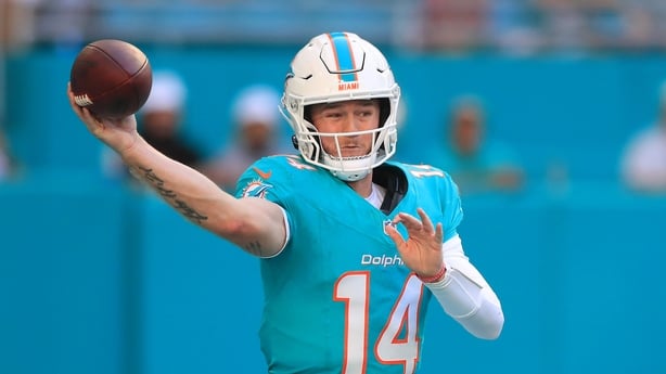 Miami Dolphins Quarterback Quinn Ewers (14) throws a pass from the end zone during the game between the Tampa Bay Buccaneers and the Miami Dolphins on December 28, 2025 at Hard Rock Stadium in Miami Gardens, FL 