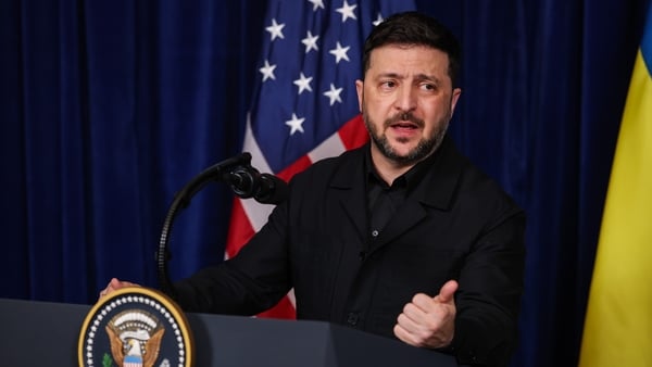 PAUkrainian President Volodymyr Zelensky speaks during a press conference with US President Donald Trump following their meeting