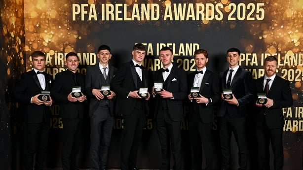 22 November 2025; PFA Ireland Men's First Division Team of the Year 2025 medal recipients, from left, Billy O'Neill of Bray Wanderers, Max Murphy of Bray Wanderers, Harry Groome of Dundalk, Vinny Leonard of Dundalk, Lee Devitt of Treaty United, Mikie Rowe of Wexford, Barry Coffey of Cobh Ramblers an
