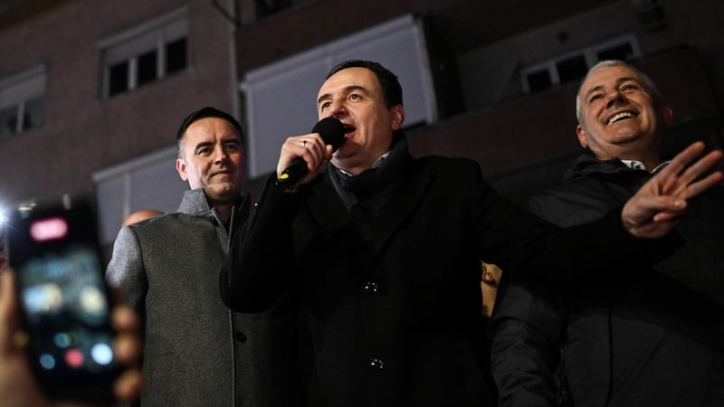 Albin Kurti celebrates election results with supporters in Pristina