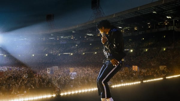 Jaafar Jackson performs in a packed stadium as Michael Jackson in the biopic Michael