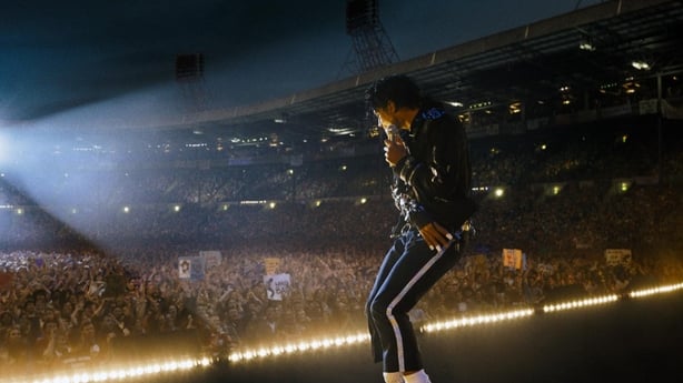 Jaafar Jackson performs in a packed stadium as Michael Jackson in the biopic Michael