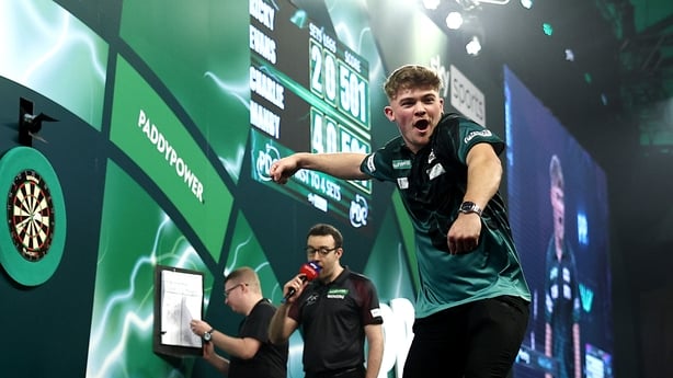 Charlie Manby of England celebrates victory against Ricky Evans of England during their third round match on day sixteen of the 2025/26 Paddy Power World Darts Championship at Alexandra Palace on December 29, 2025 in London, England