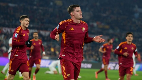 Evan Ferguson of AS Roma celebrates after scoring the team's third goal during the Serie A match between AS Roma and Genoa CFC at Stadio Olimpico on December 29, 2025 in Rome, Italy. (Photo by Paolo Bruno/Getty Images)