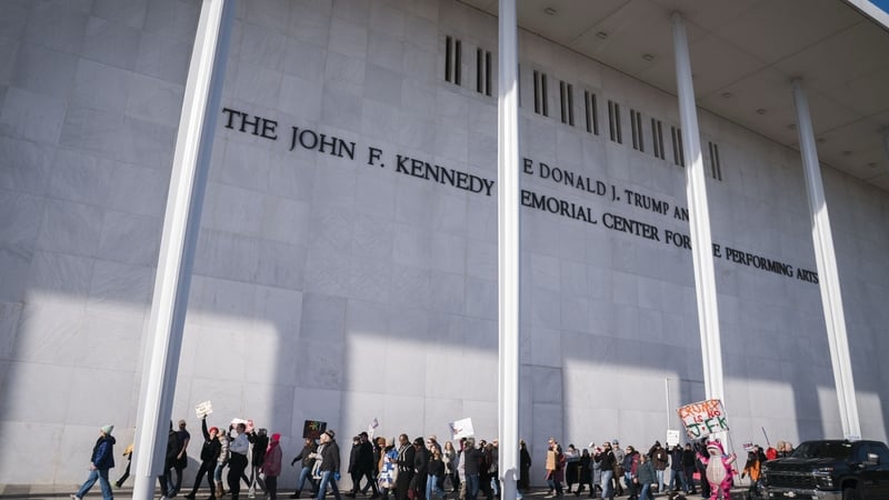 Protesters gather at the renamed Trump Kennedy Centre