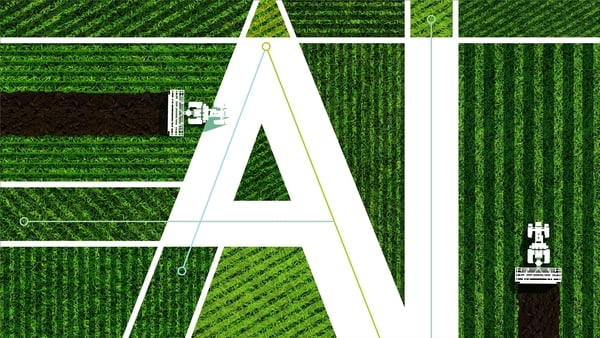 Overhead image of tractors in fields with big AI writing on the ground